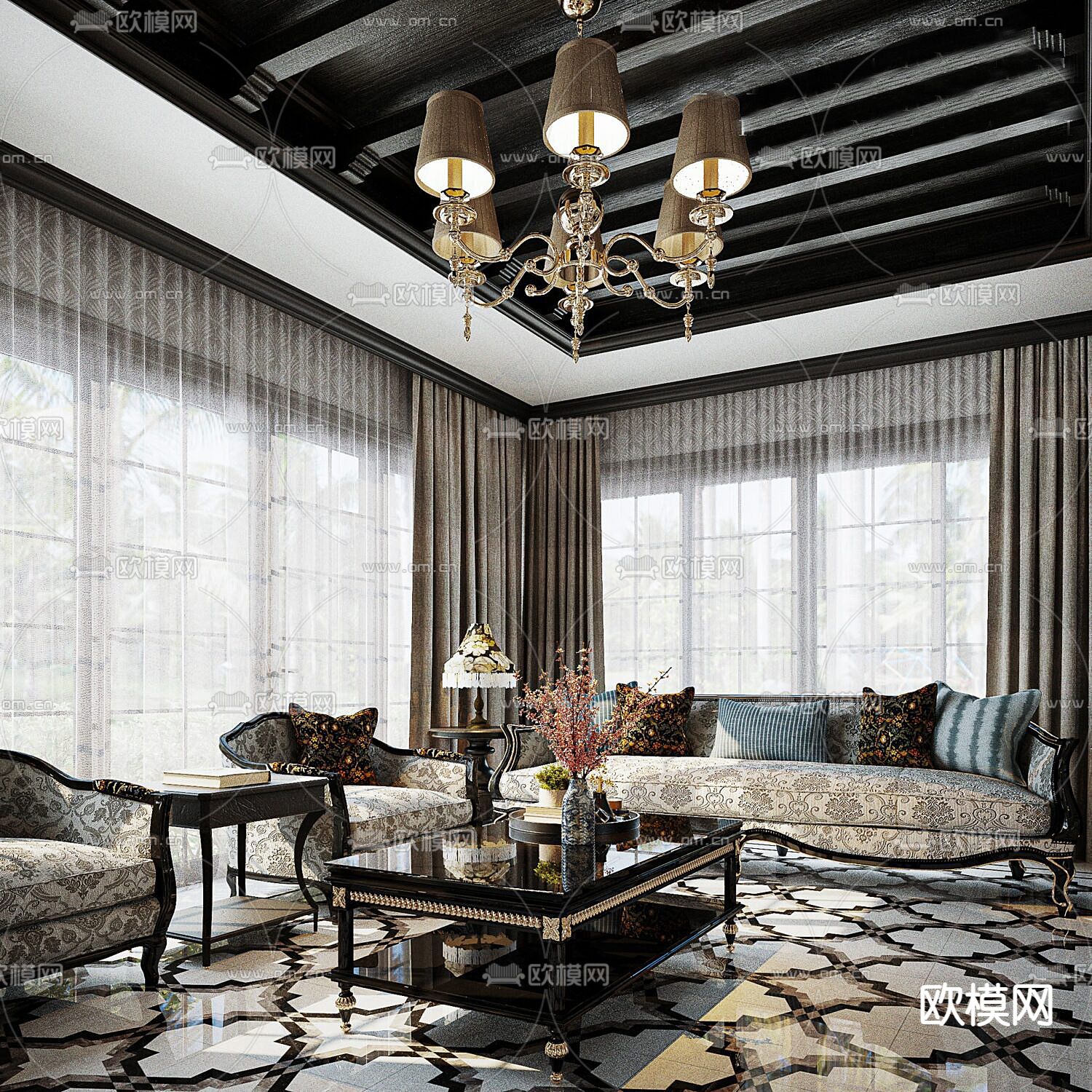 欧式古典客厅su模型下载（渲染图3）
