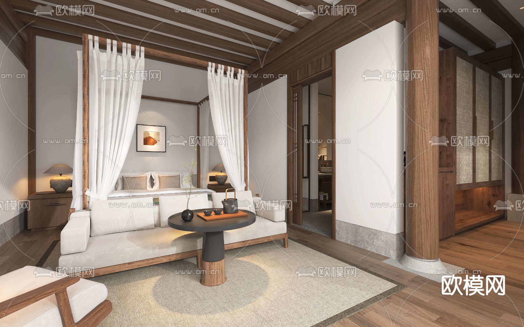中式民宿客房3d模型下载（渲染图1）