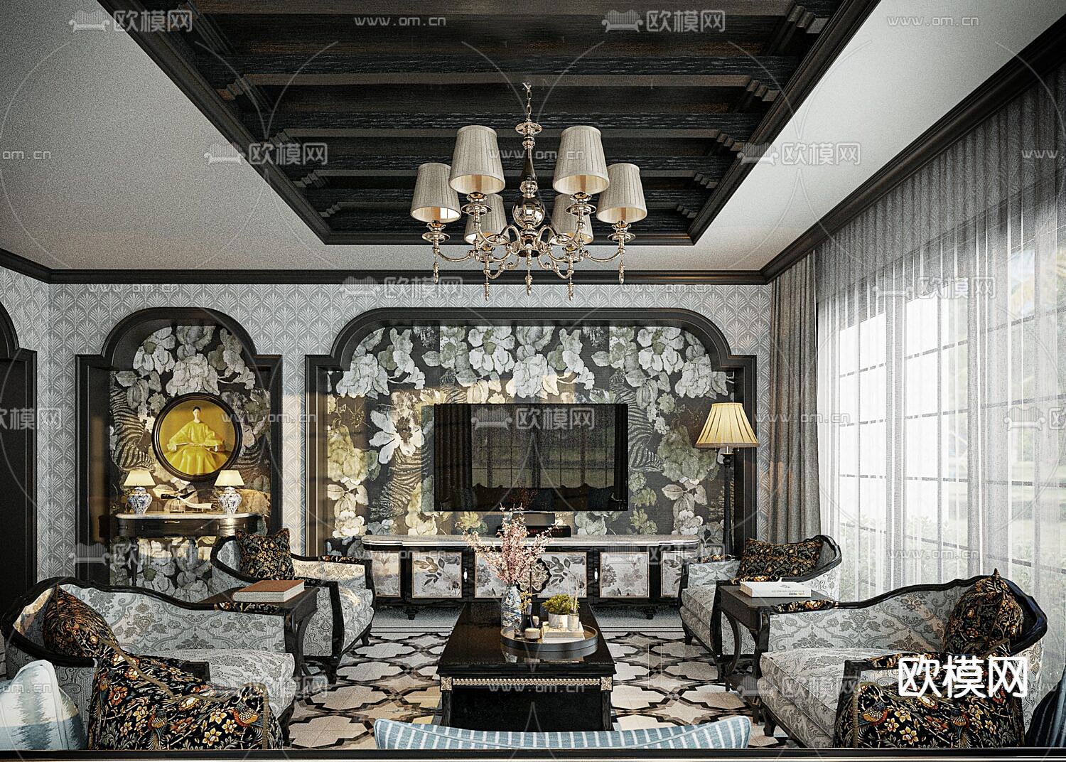 欧式古典客厅su模型下载（渲染图1）