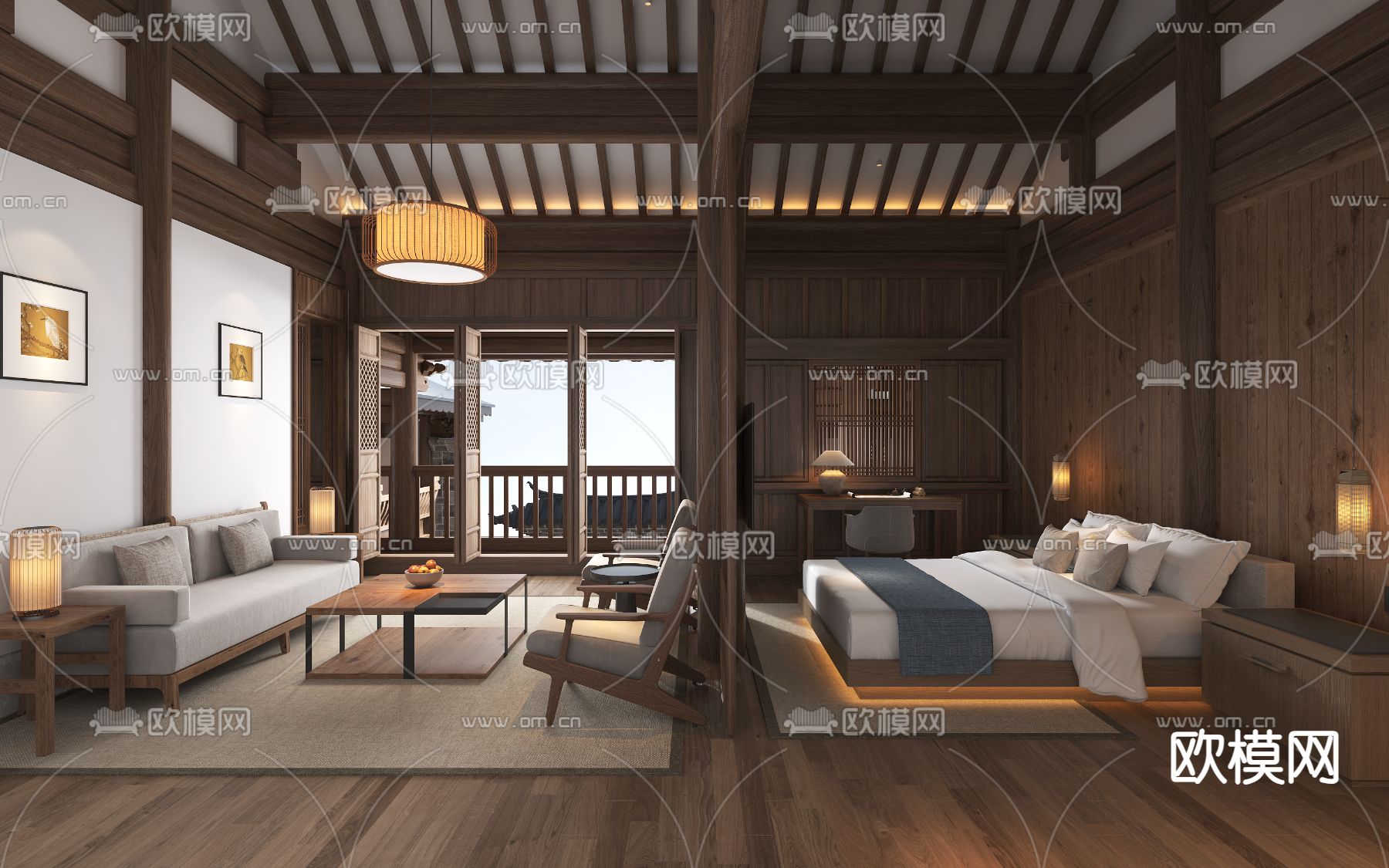 中式民宿客房3d模型下载（渲染图1）