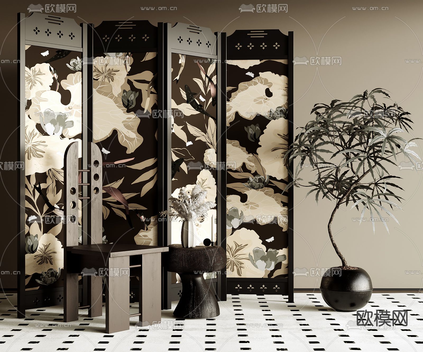 中古风屏风 隔断3d模型下载