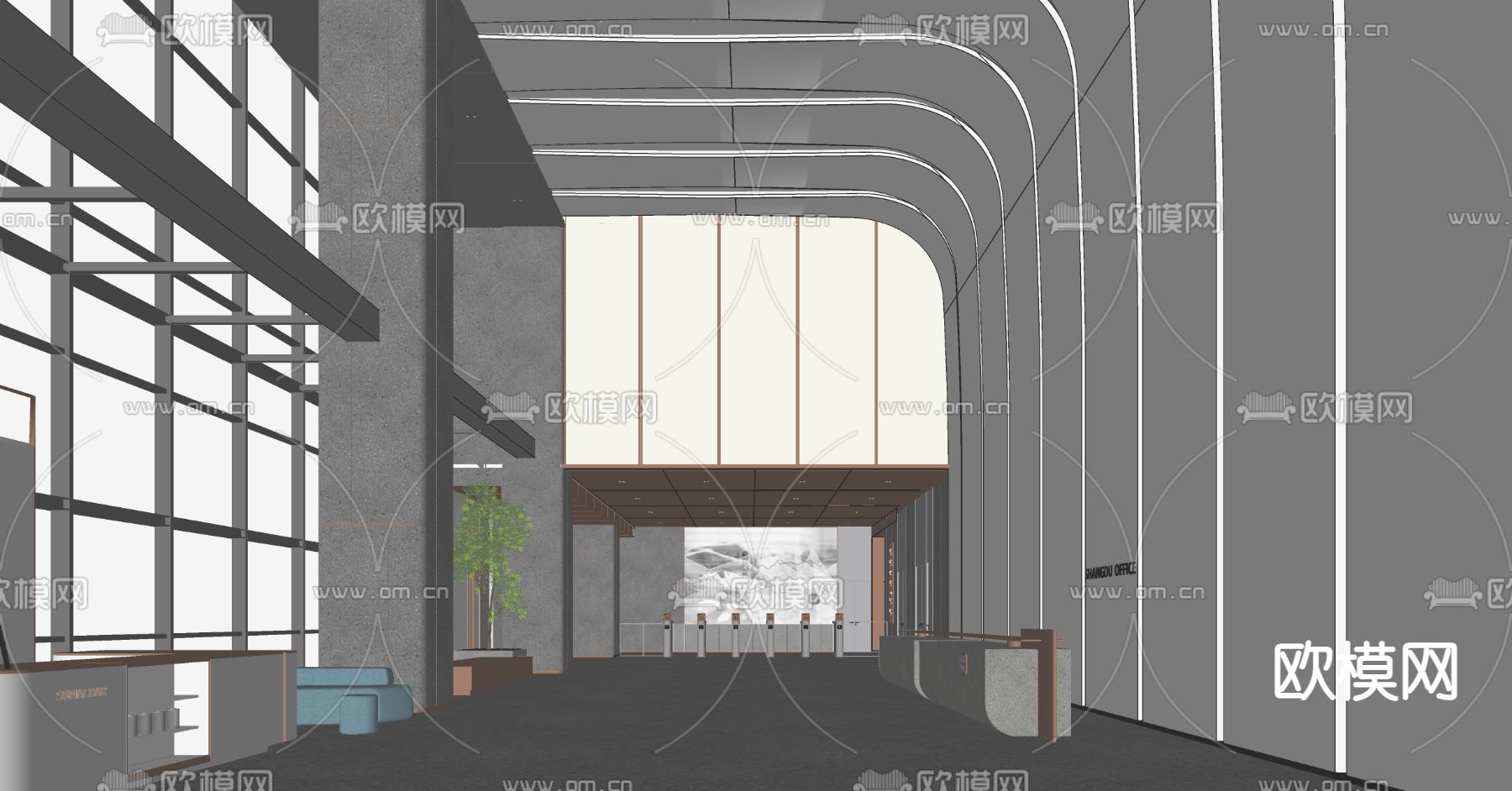 现代公司大堂 电梯厅su模型下载（渲染图3）