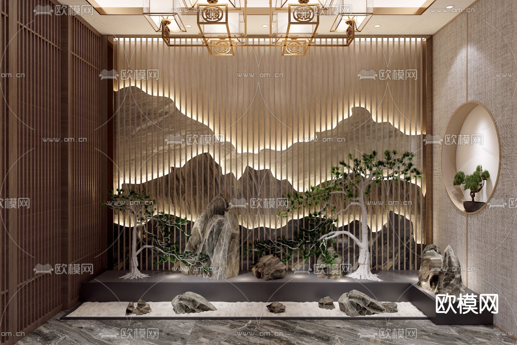 新中式植物堆 室内造景3d模型下载