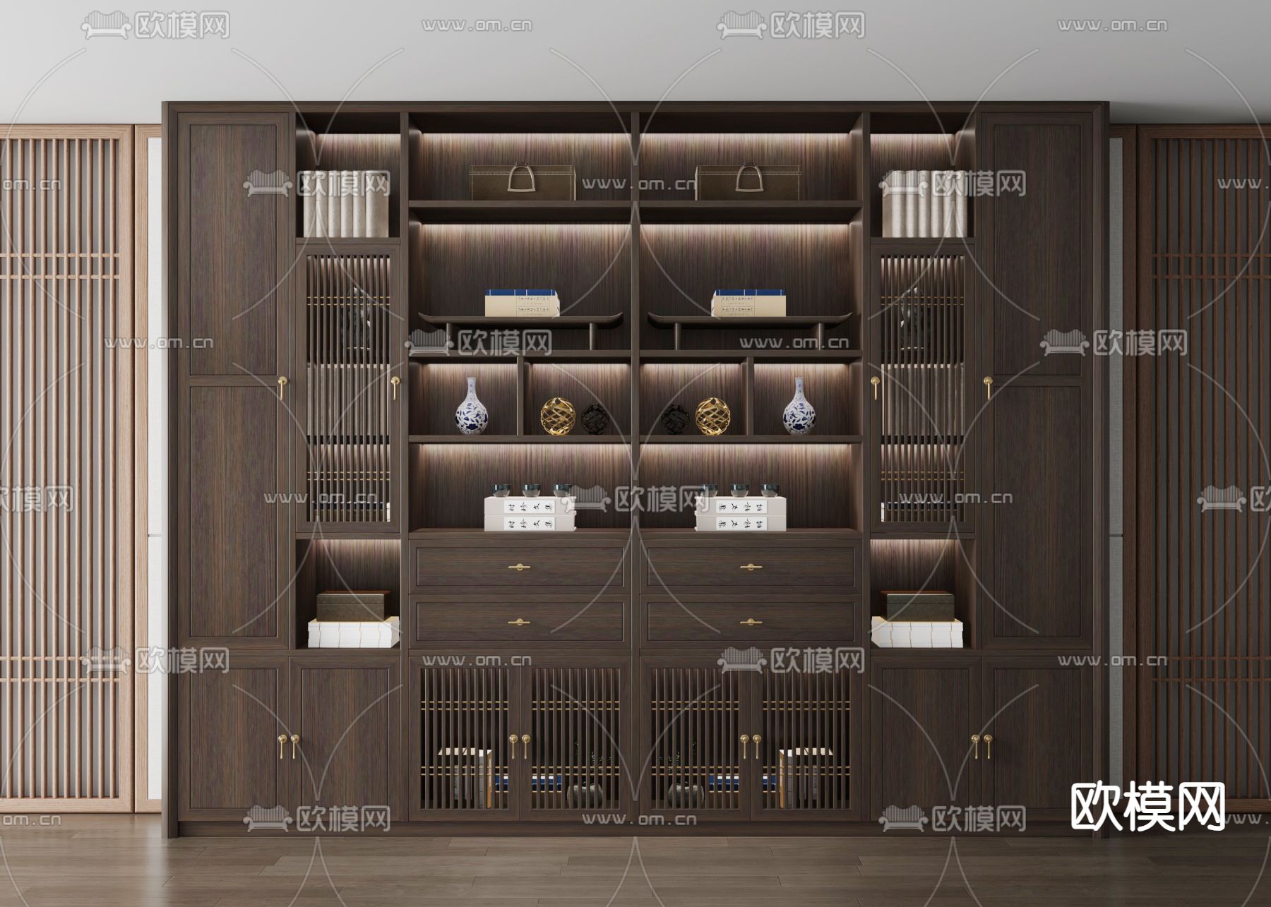 新中式书柜 博古架 茶柜3d模型下载