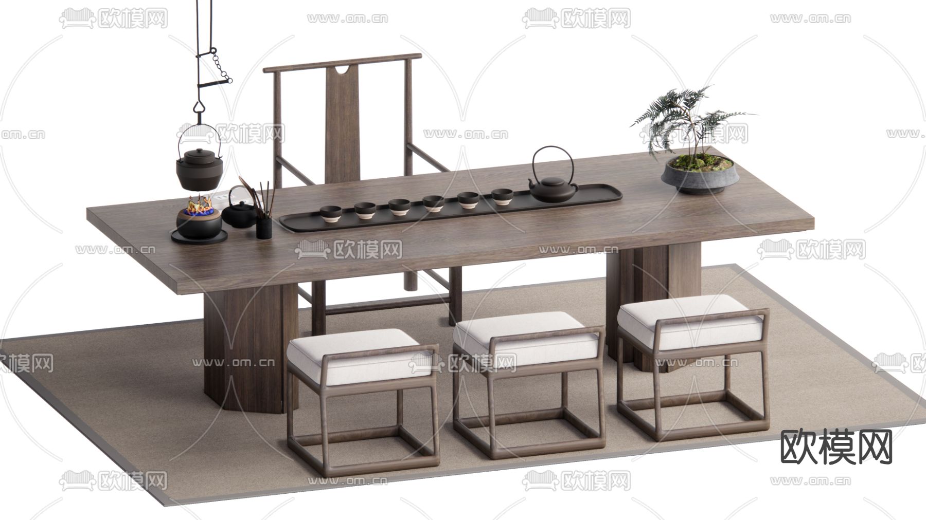 新中式茶桌 茶台su模型下载（渲染图1）
