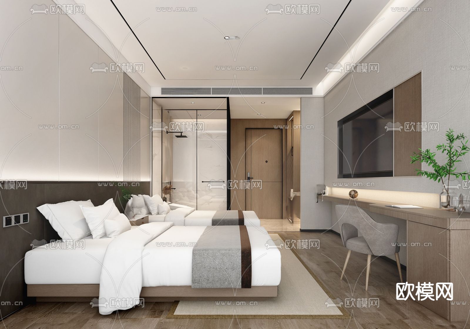 现代酒店客房su模型下载（渲染图1）