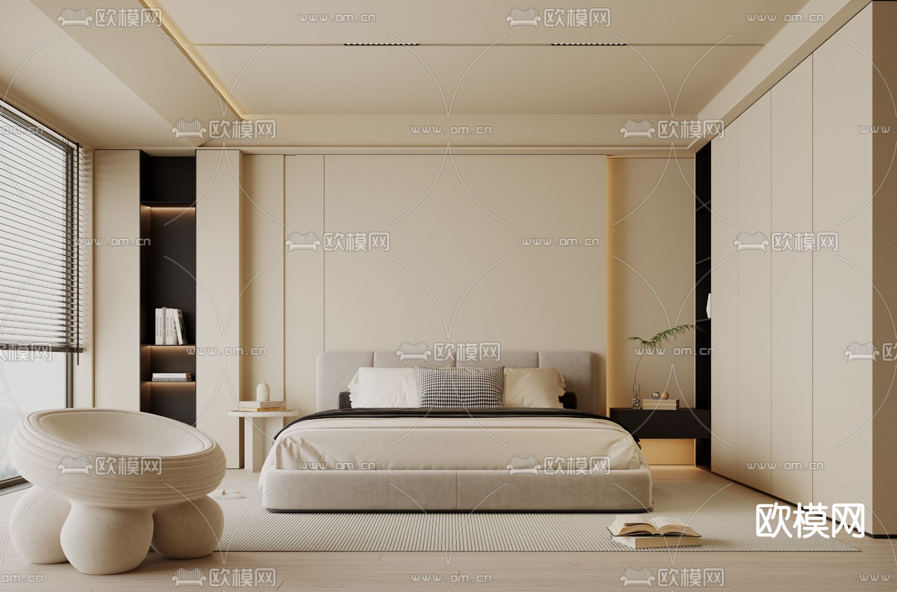 奶油风卧室 主卧 主人房3d模型下载（渲染图1）