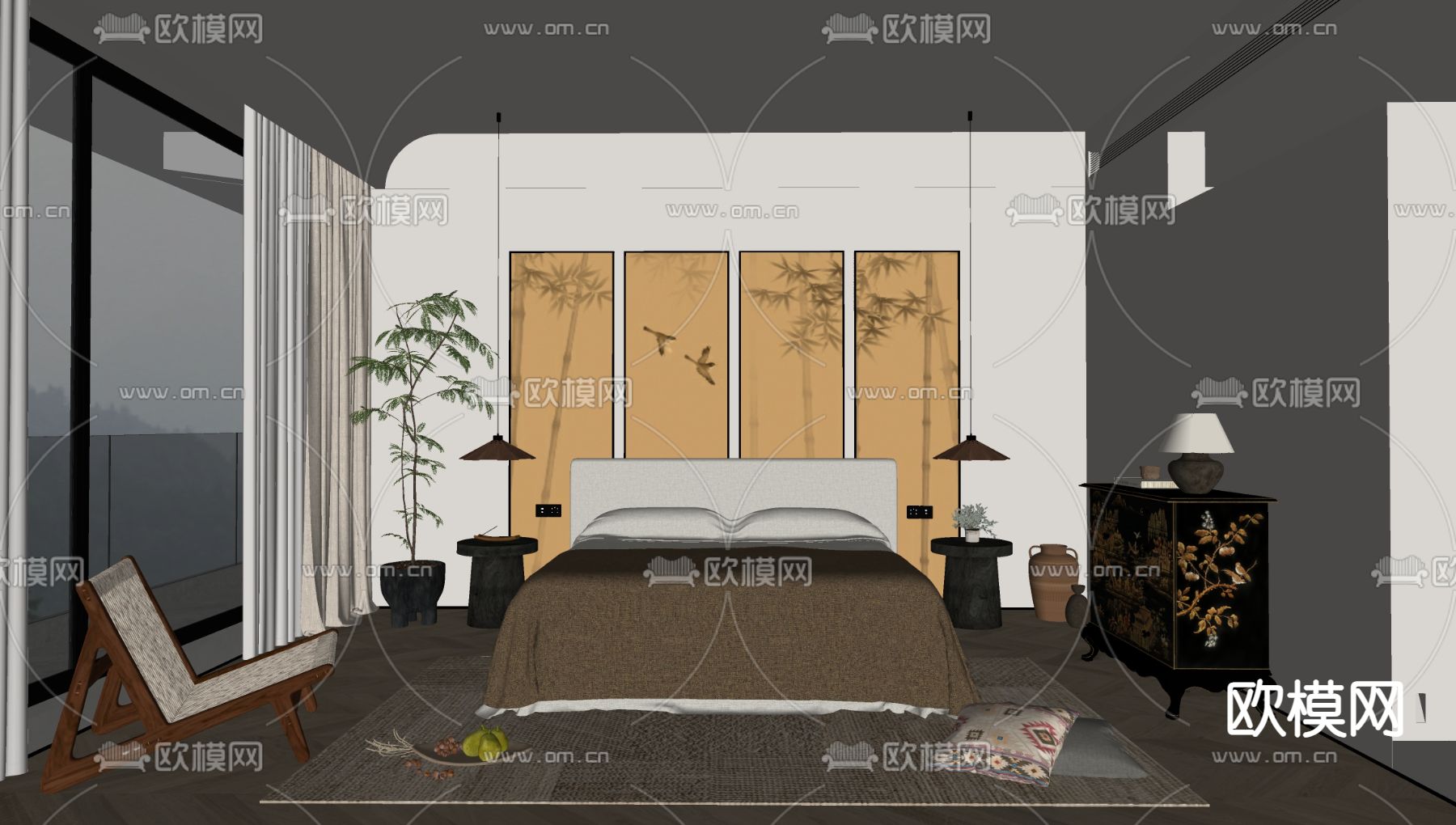 中古风卧室su模型下载（渲染图2）