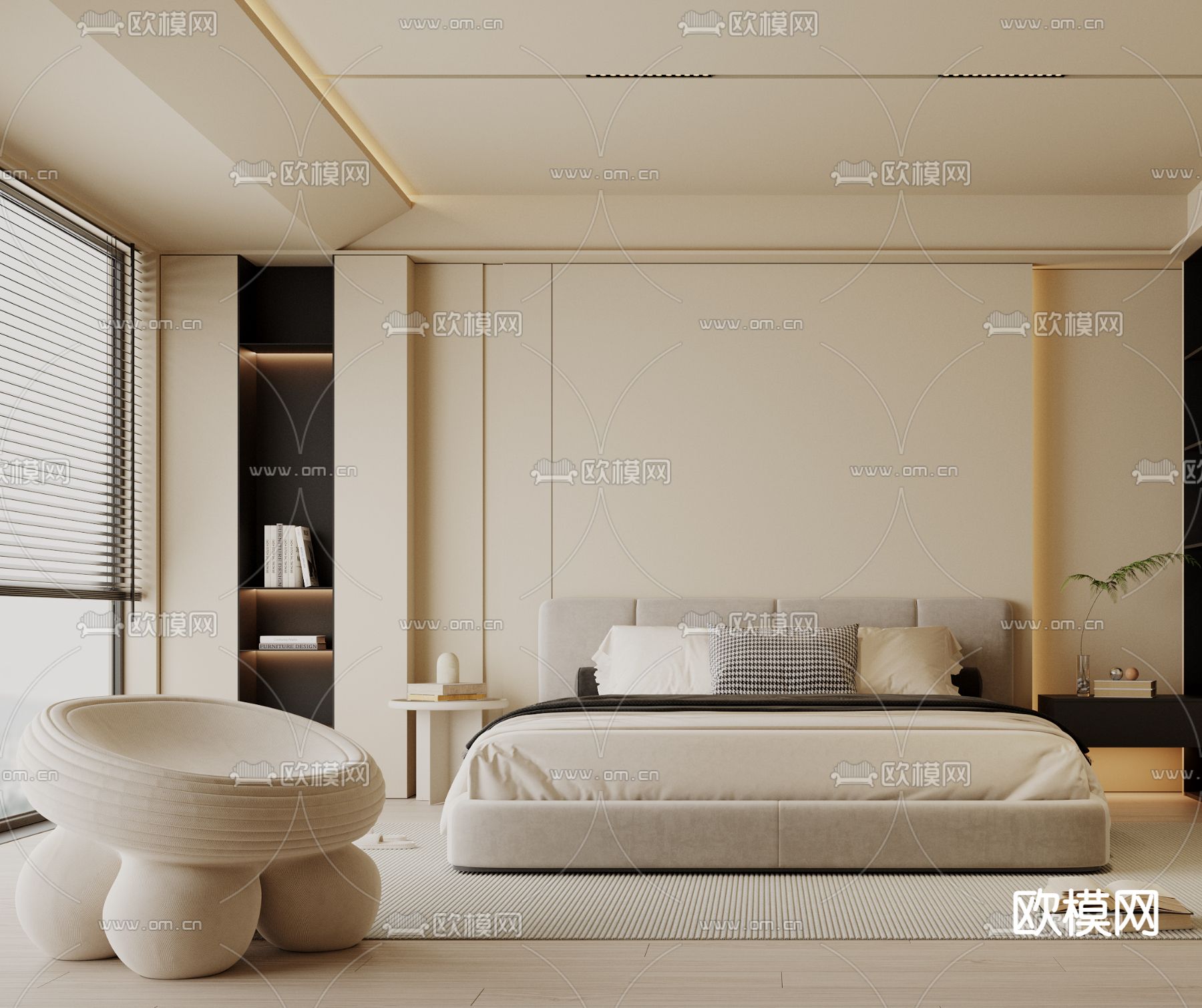奶油风卧室 主卧 主人房3d模型下载（渲染图2）