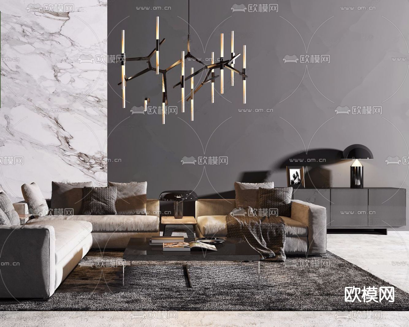 意大利 米洛提 Minotti 组合沙发su模型下载（渲染图2）