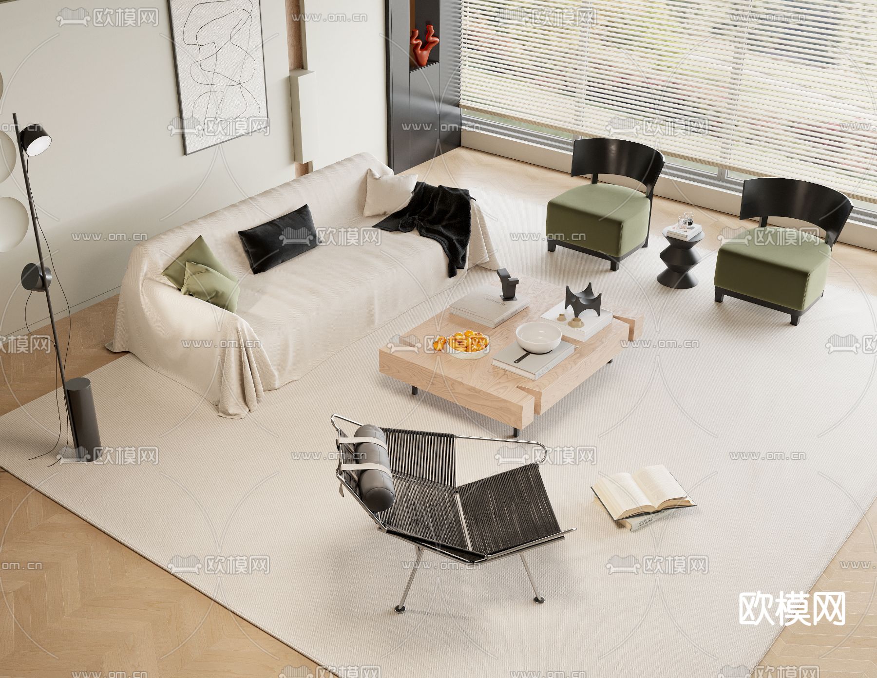奶油风组合沙发su模型下载（渲染图1）