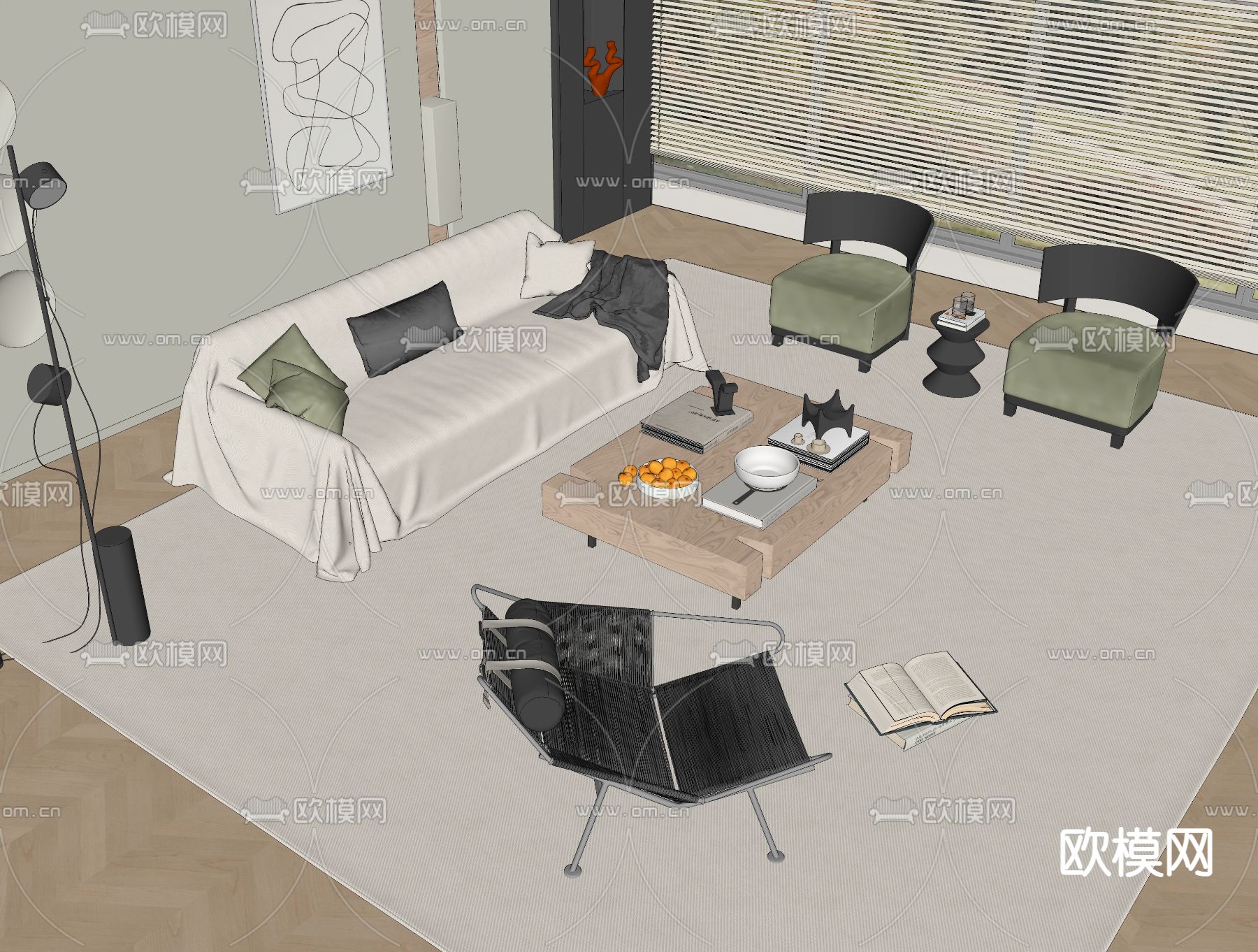 奶油风组合沙发su模型下载（渲染图2）