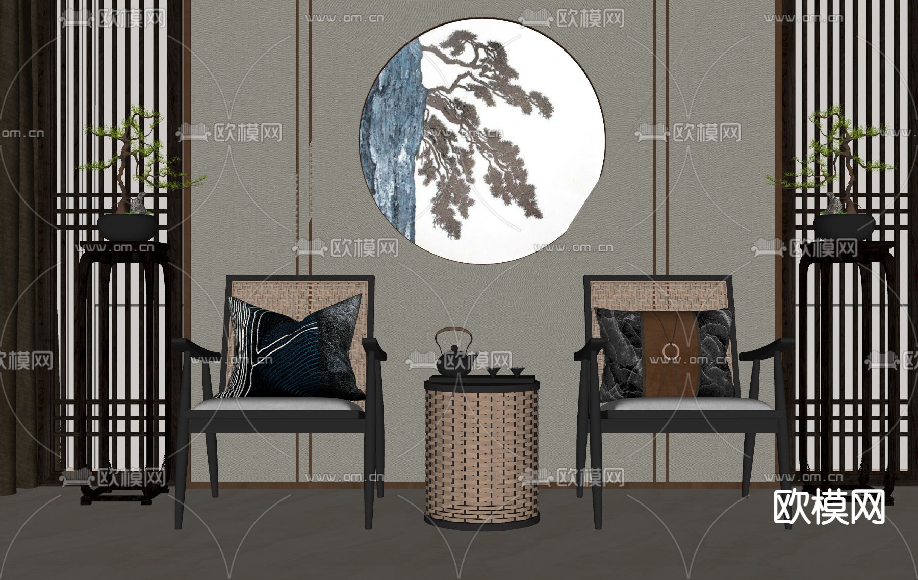 新中式休闲椅su模型下载（渲染图2）