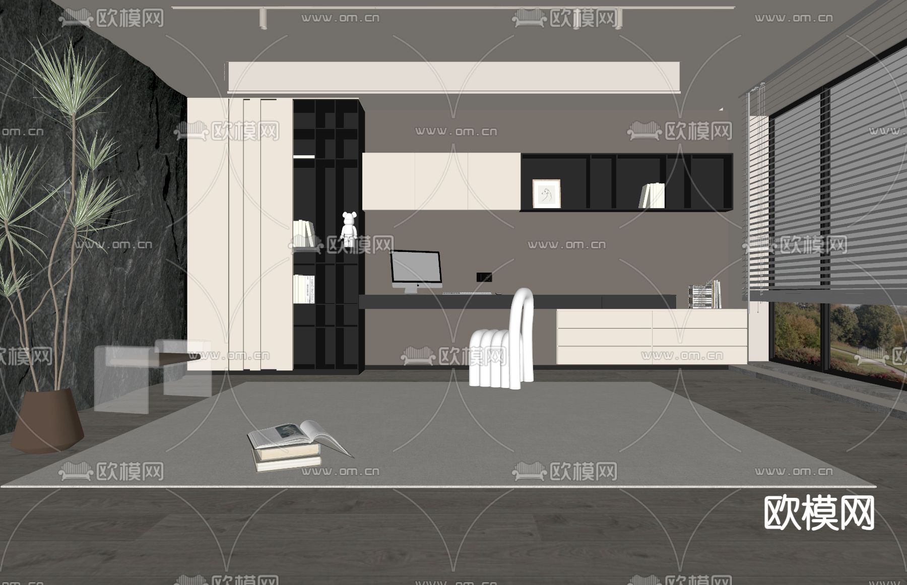 现代书房su模型下载（渲染图2）