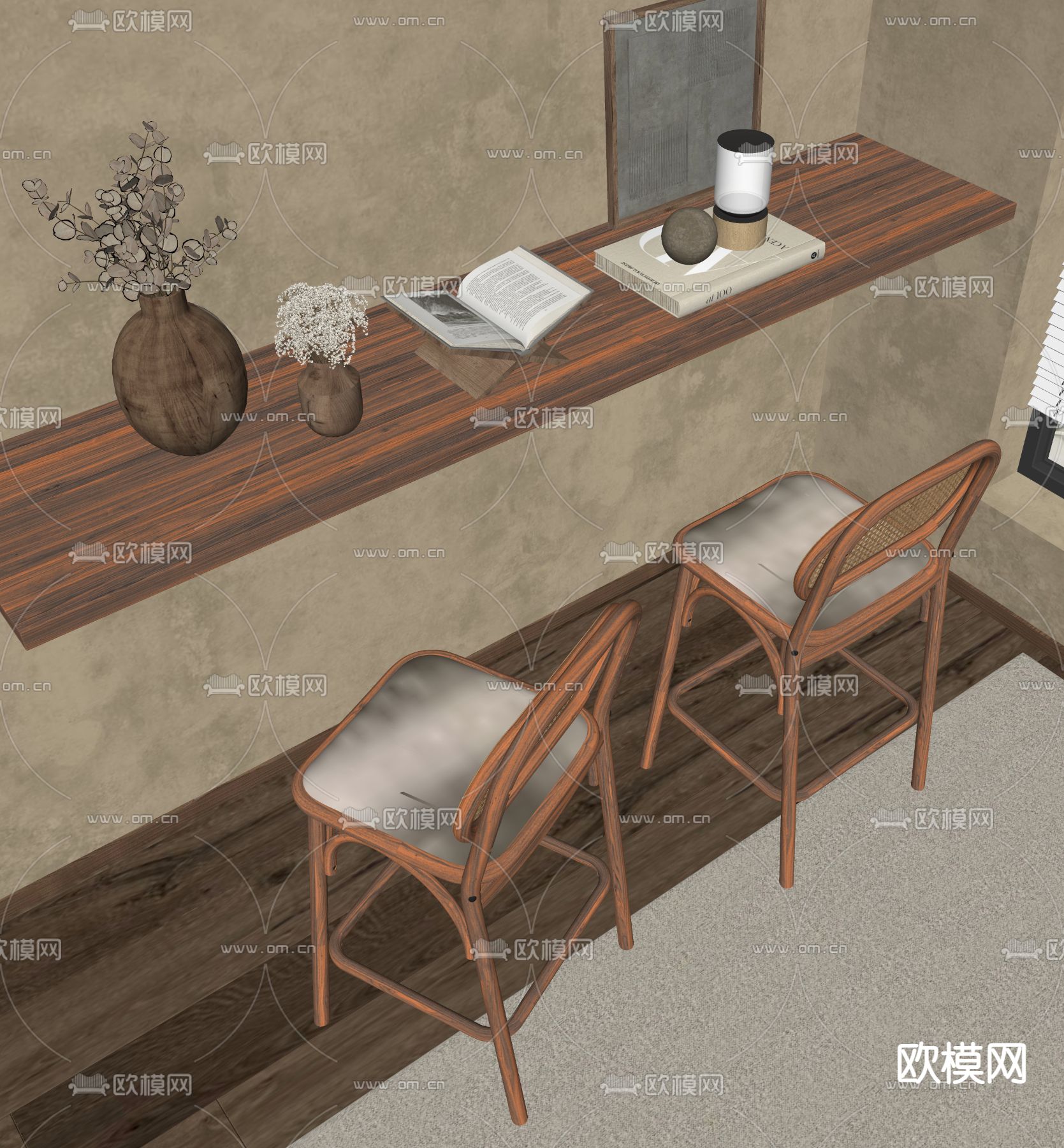 侘寂风吧台吧椅su模型下载（渲染图2）