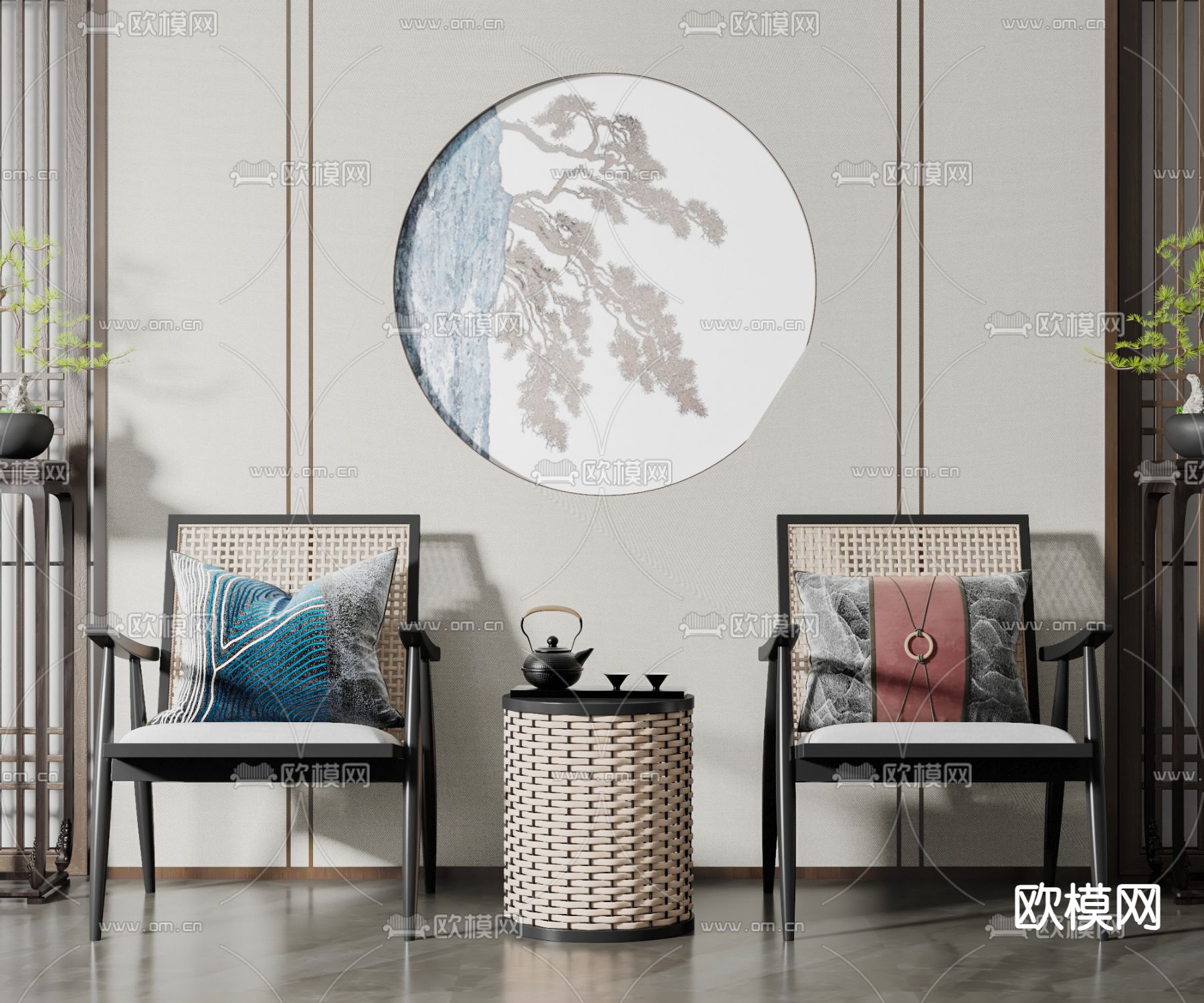 新中式休闲椅su模型下载（渲染图1）