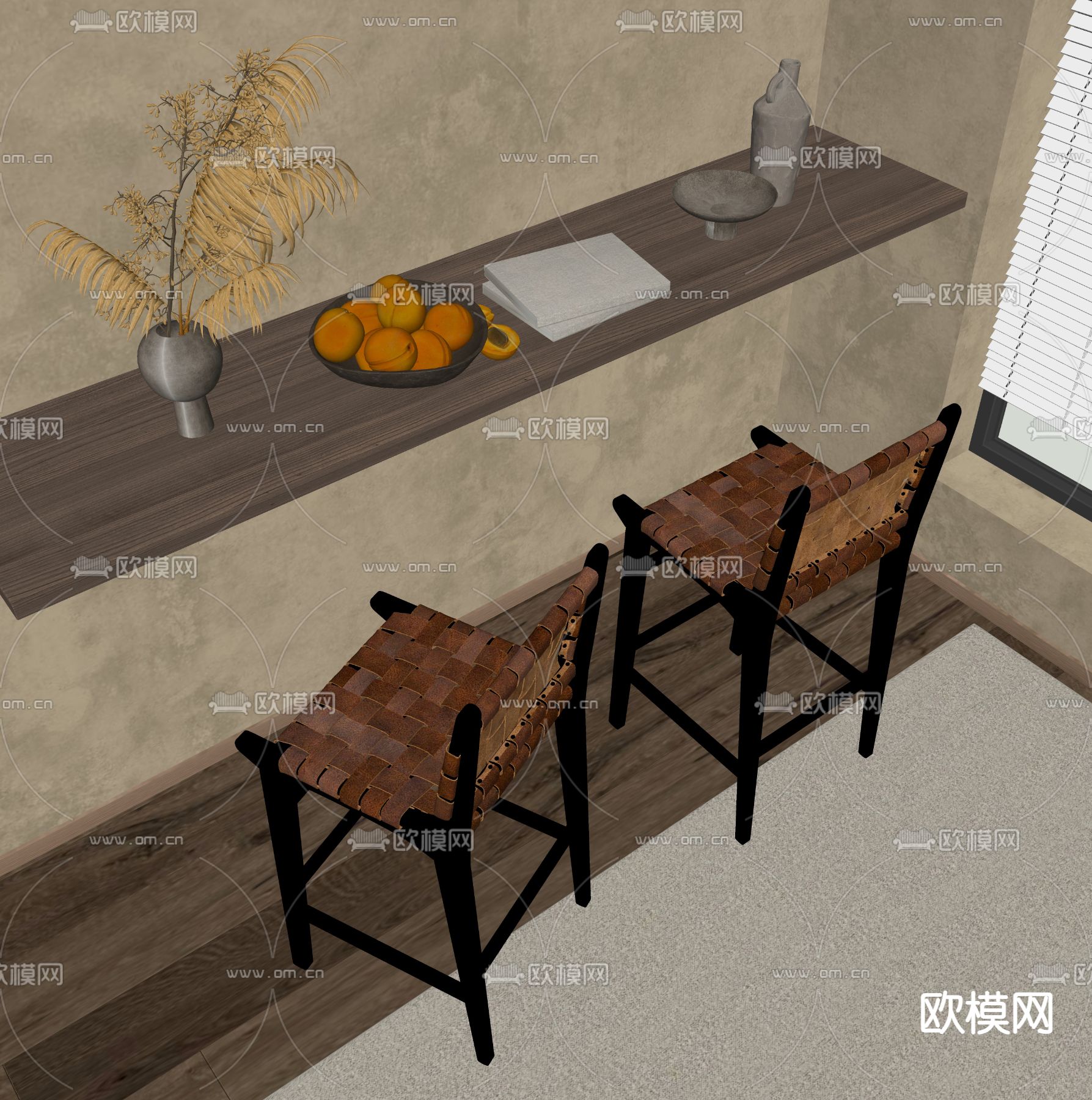 侘寂风吧台 吧椅su模型下载（渲染图2）