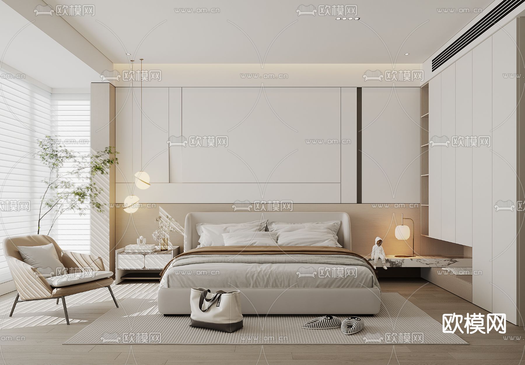 奶油风卧室 主人房3d模型下载（渲染图1）