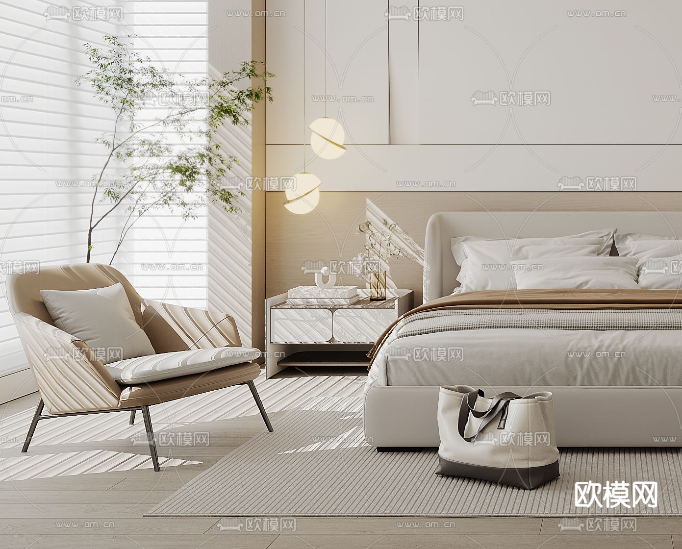 奶油风卧室 主人房3d模型下载（渲染图2）