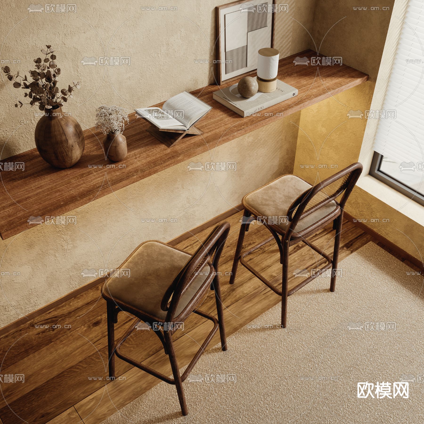 侘寂风吧台吧椅su模型下载（渲染图1）