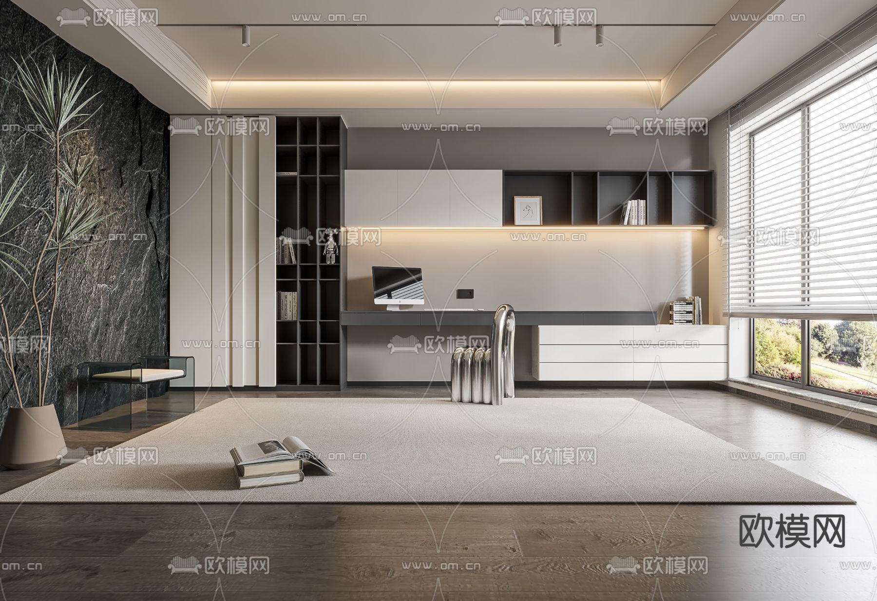 现代书房su模型下载（渲染图1）