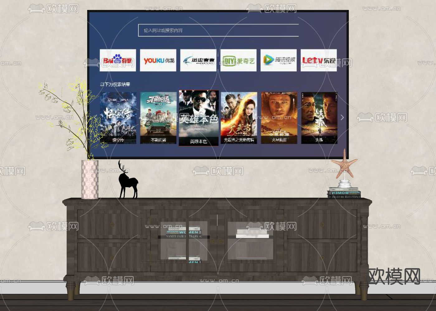 美式电视柜su模型下载（渲染图2）