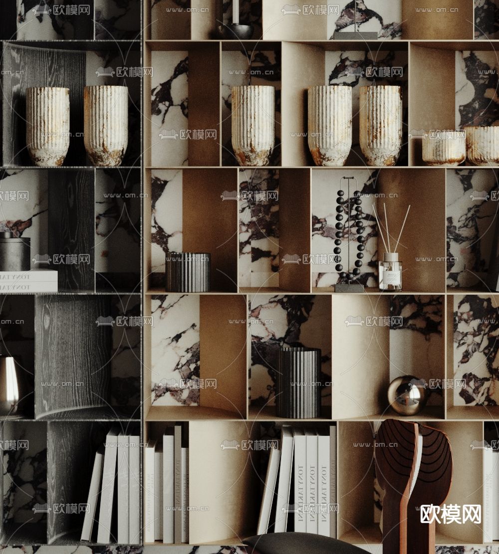 轻奢装饰柜 置物架 书架3d模型下载（渲染图2）