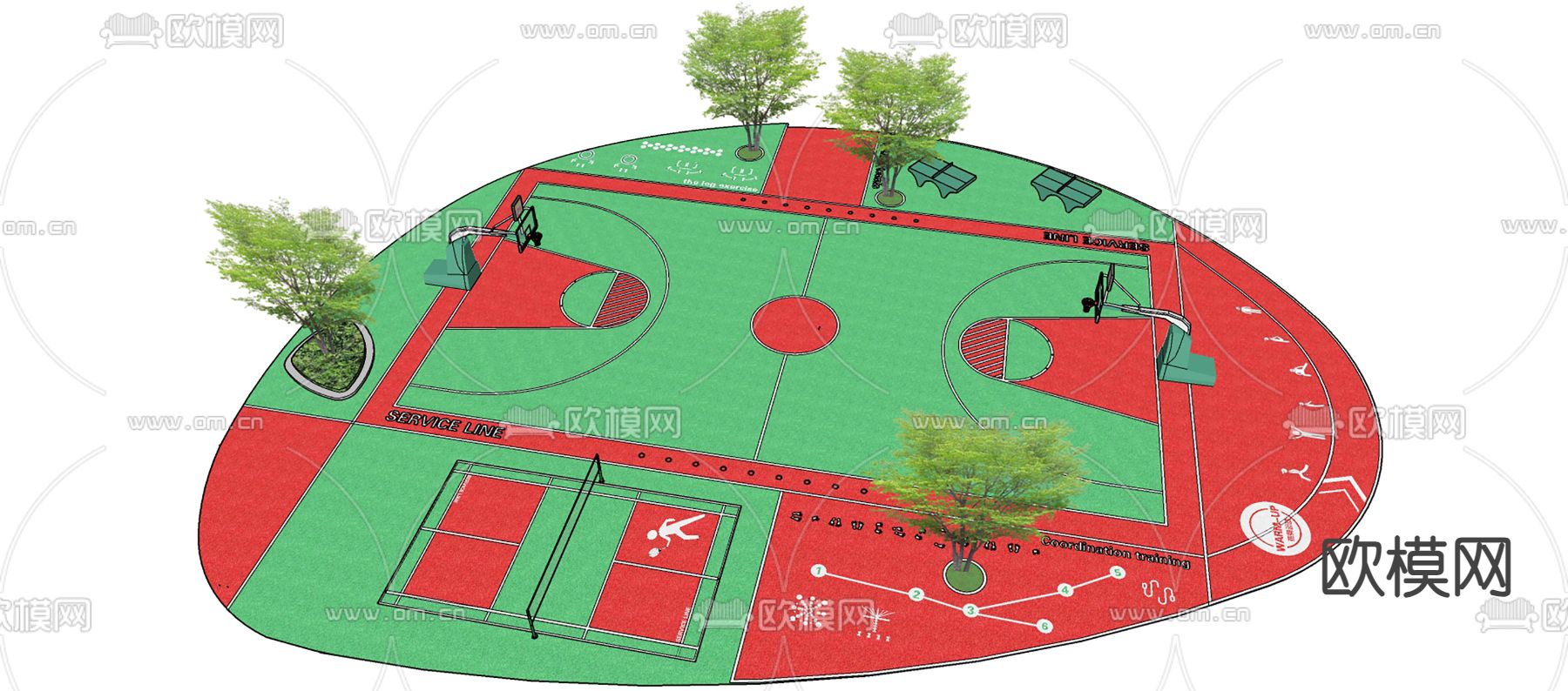 户外篮球场 塑胶场地su模型下载（渲染图2）