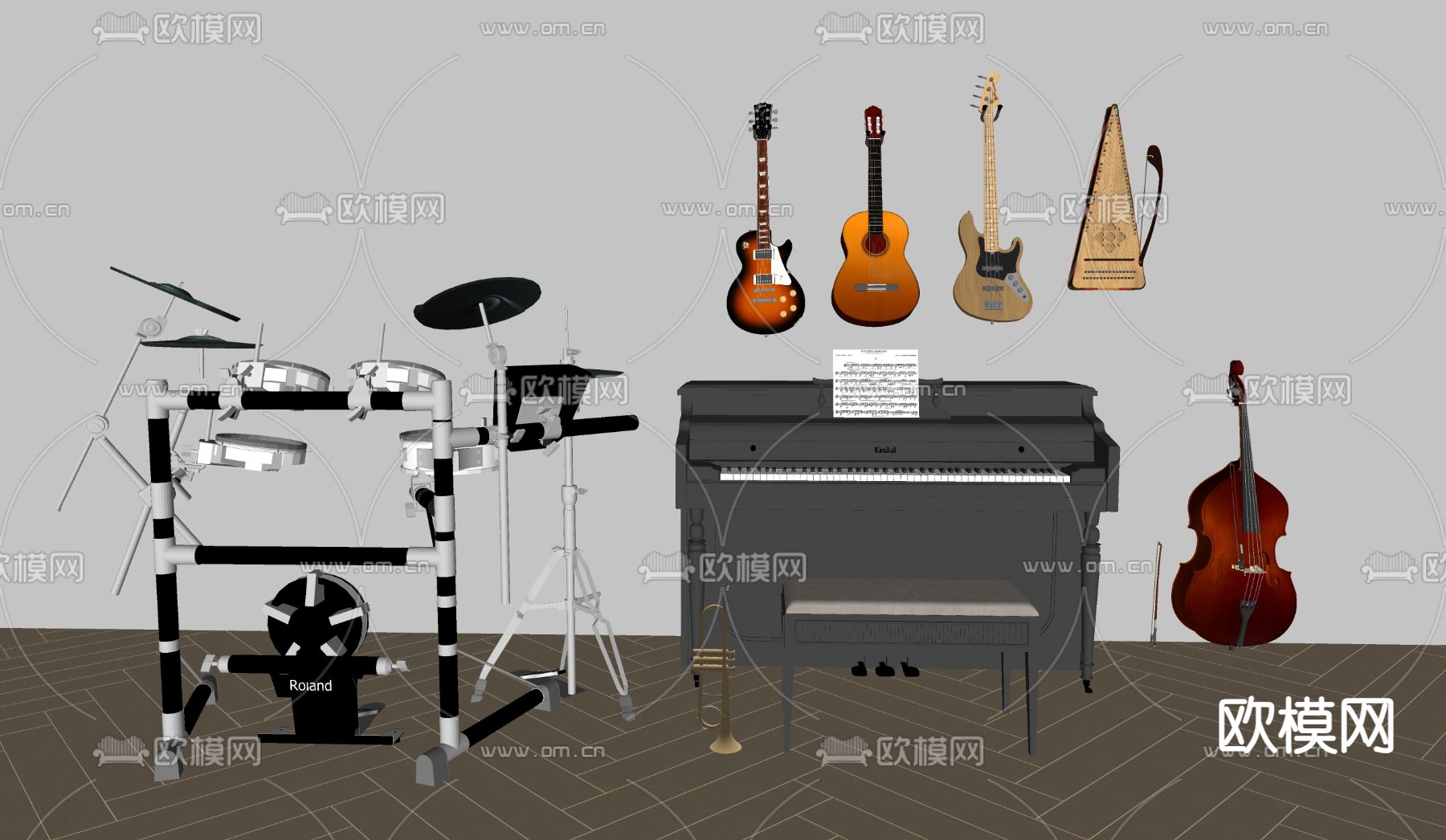 钢琴 吉他 大提琴 架子鼓 小号su模型下载（渲染图2）