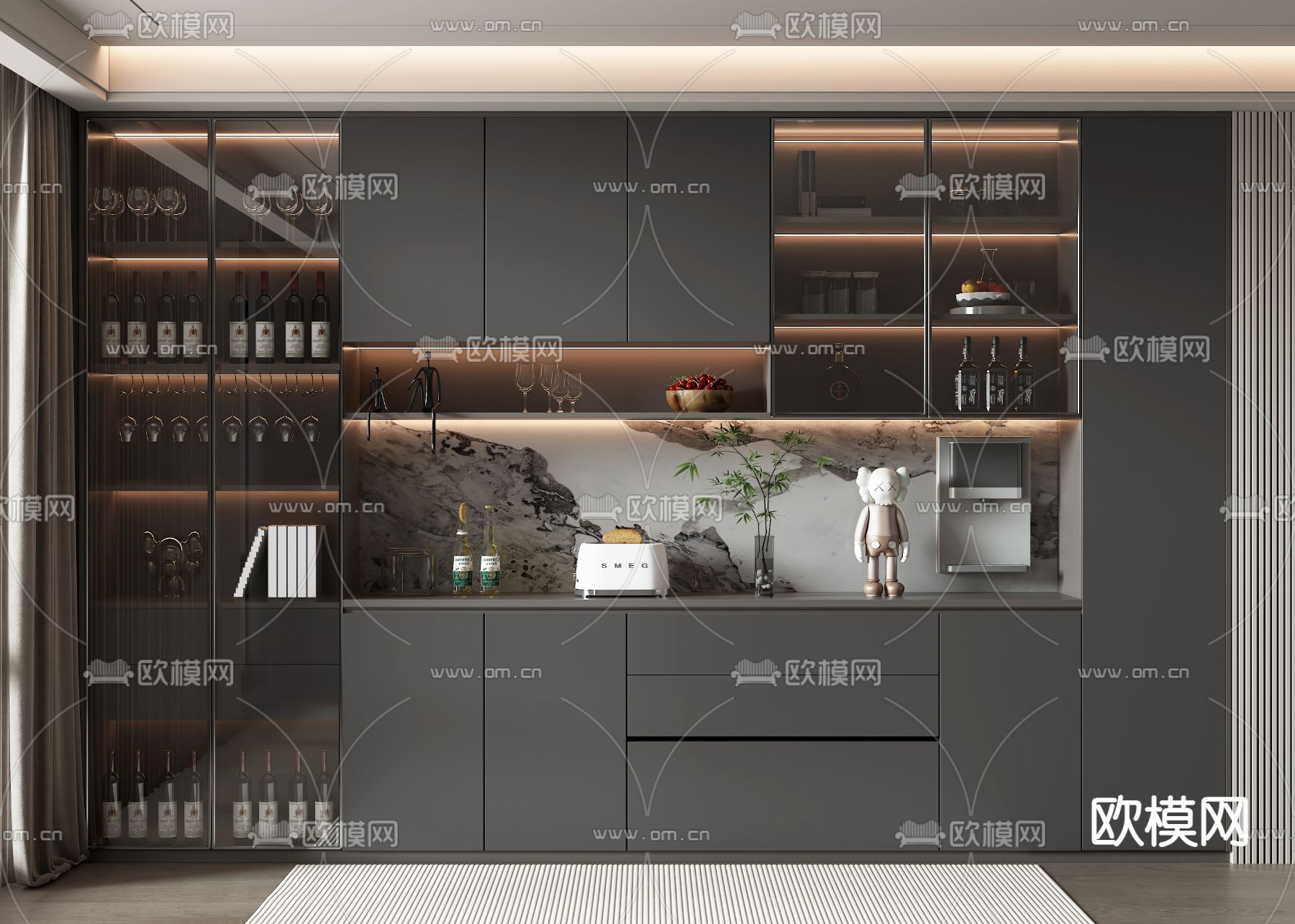 暗黑风奢酒柜su模型下载（渲染图1）