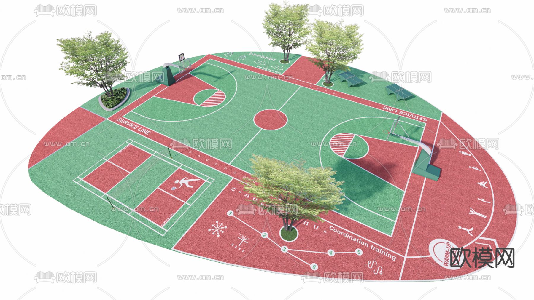 户外篮球场 塑胶场地su模型下载（渲染图1）