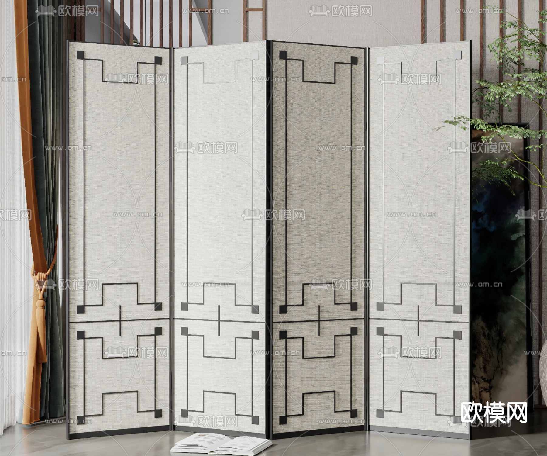 新中式屏风隔断su模型下载（渲染图1）