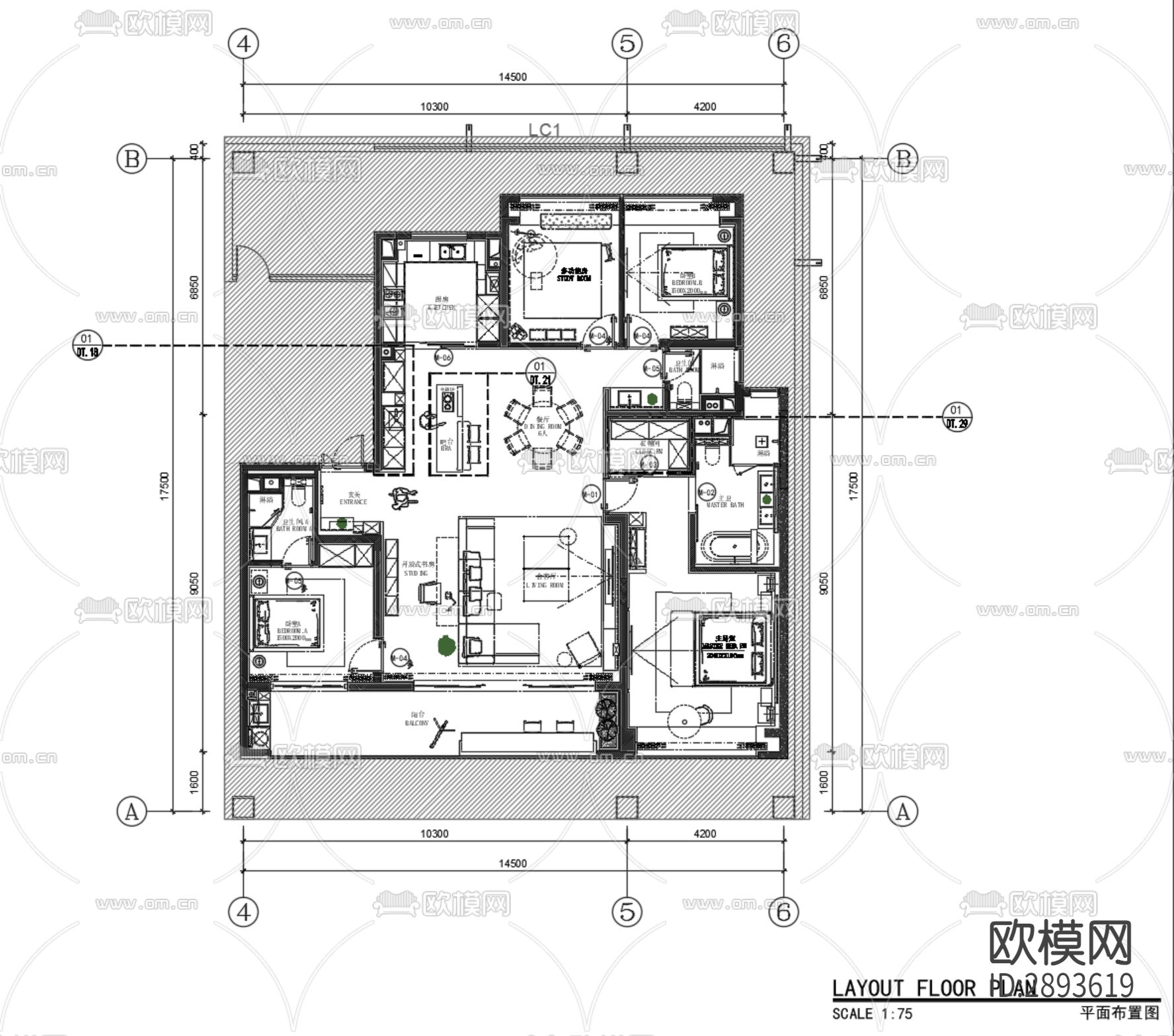 家装平层cad施工图下载（渲染图1）