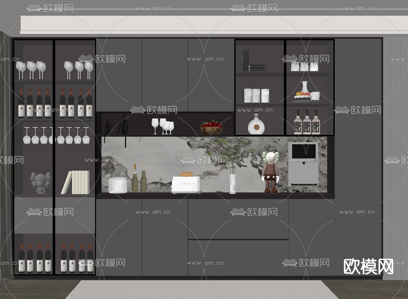 暗黑风奢酒柜su模型下载（渲染图2）