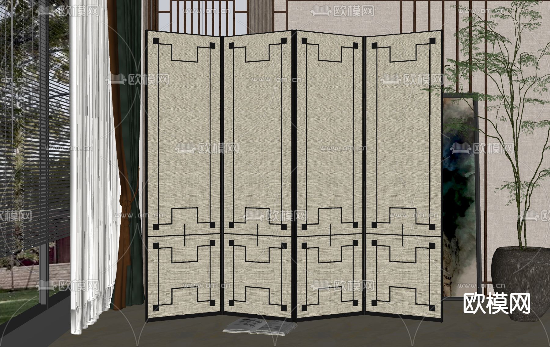 新中式屏风隔断su模型下载（渲染图2）