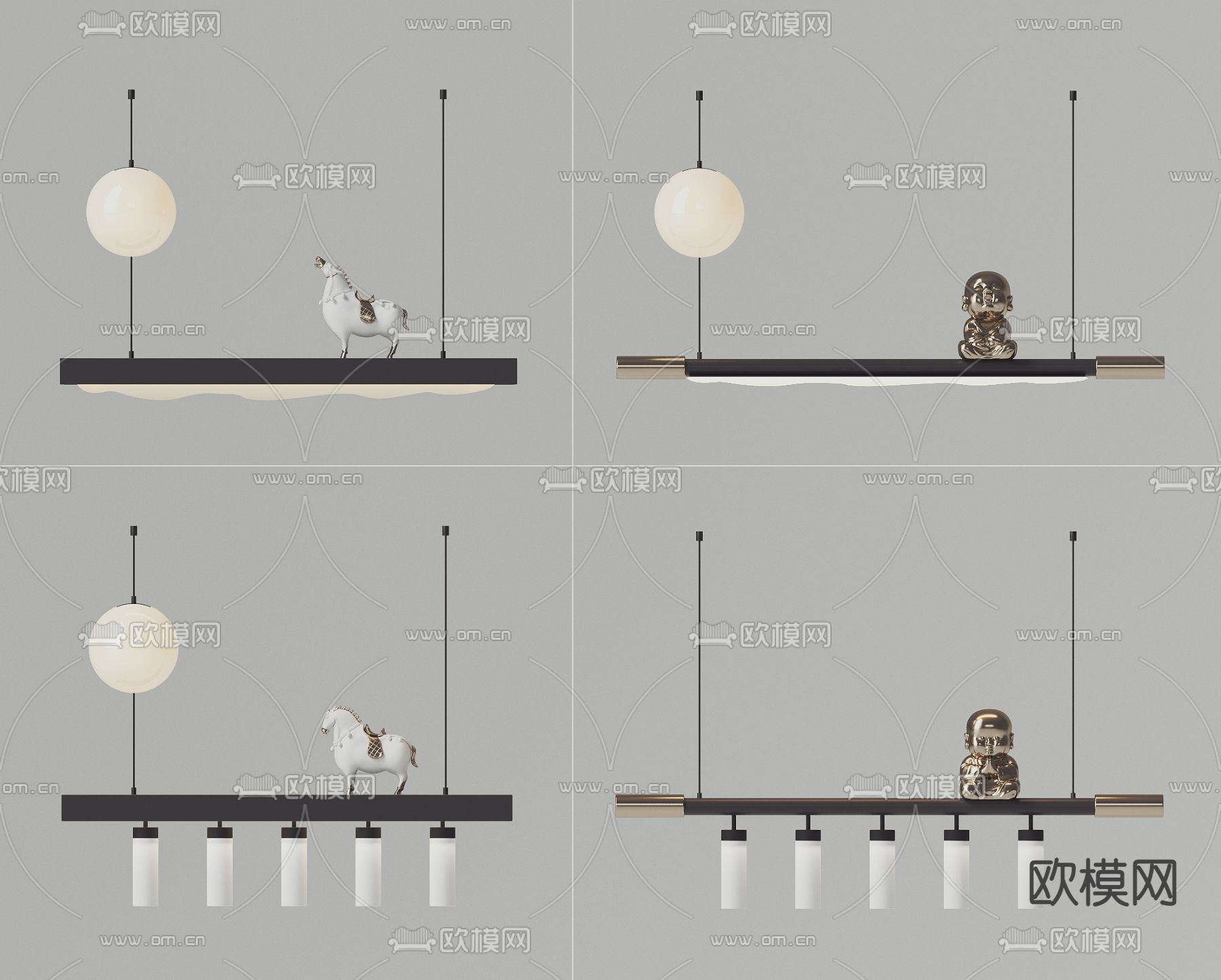 新中式长吊灯 餐厅吊灯3d模型下载