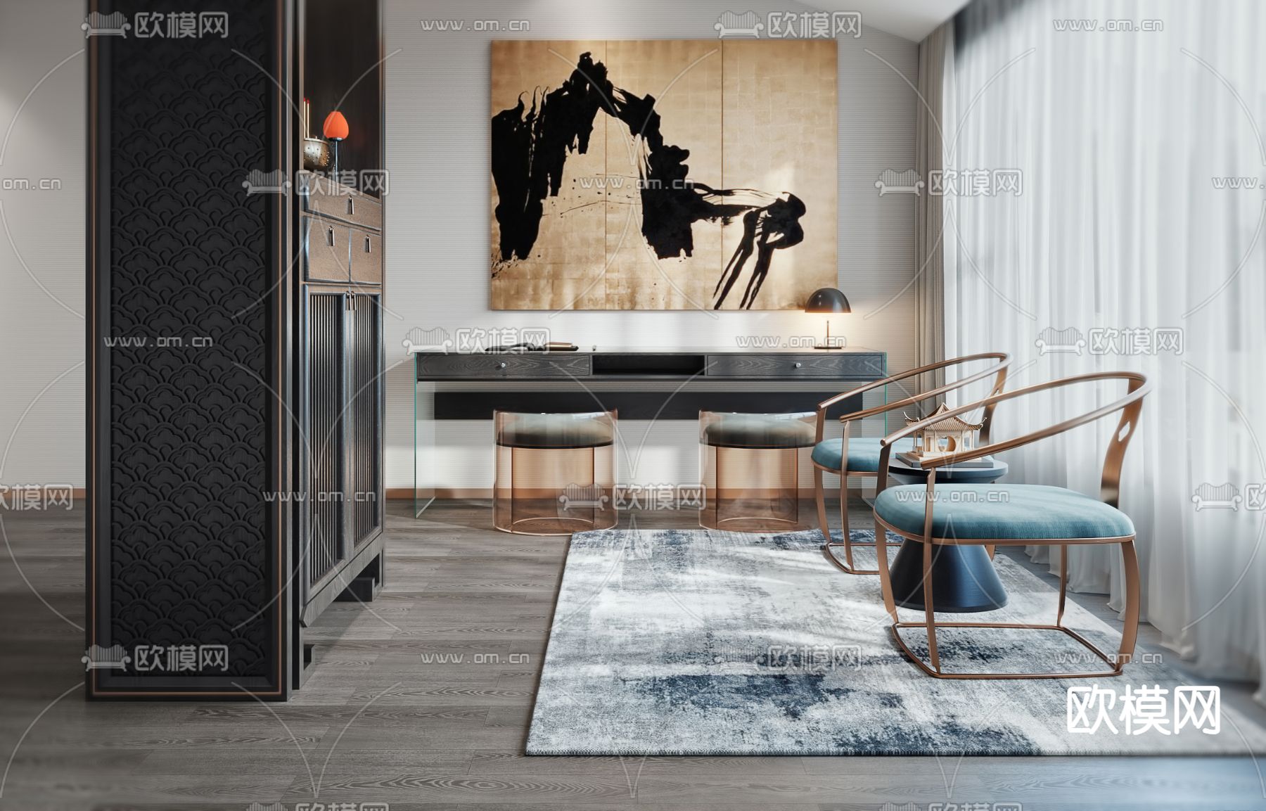 新中式佛堂 祠堂 休息区3d模型下载（渲染图2）