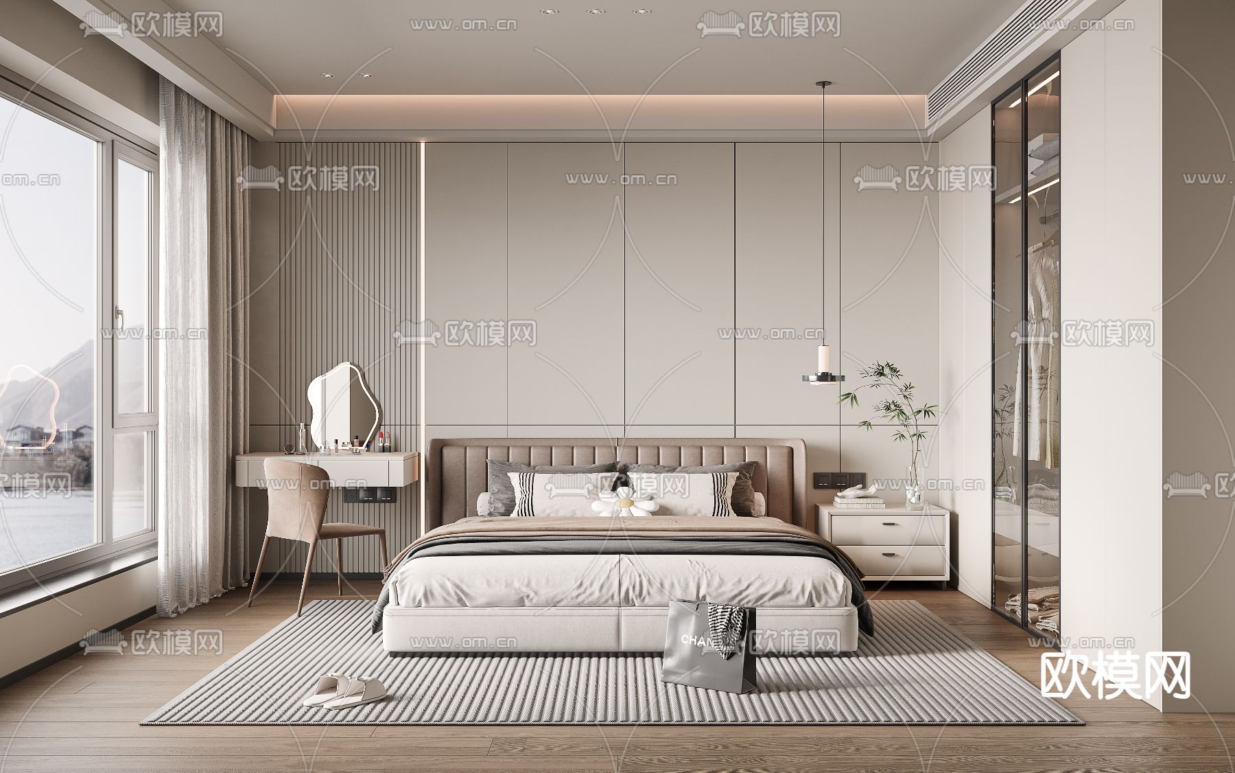 奶油风卧室 主卧 主人房3d模型下载（渲染图1）