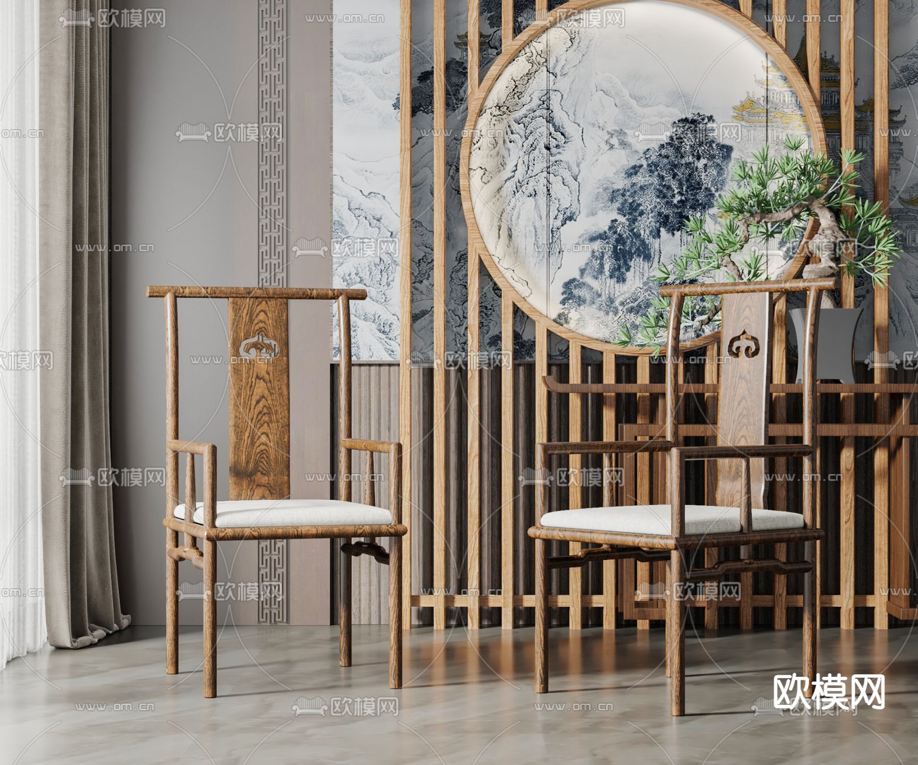 新中式休闲椅su模型下载（渲染图1）