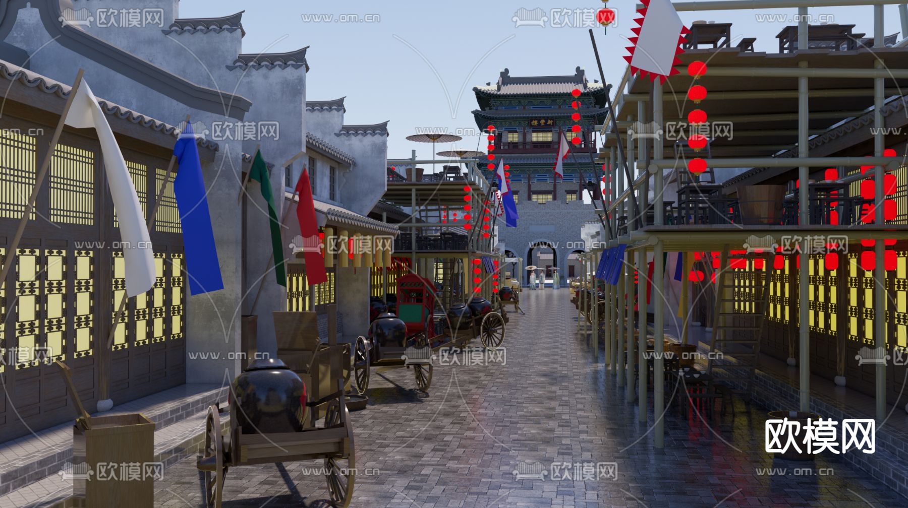 新中式商业街su模型下载（渲染图1）