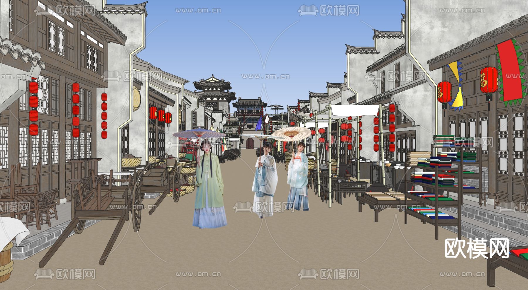 新中式商业街su模型下载（渲染图2）