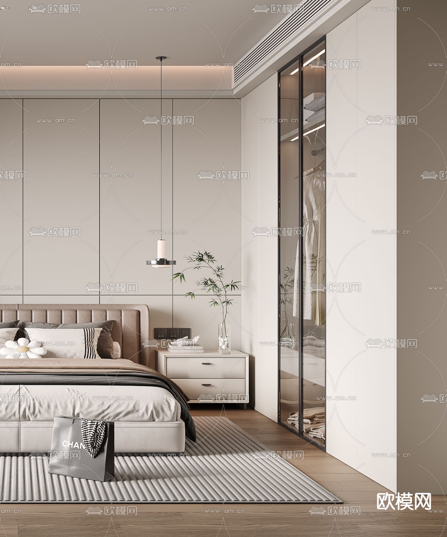奶油风卧室 主卧 主人房3d模型下载（渲染图2）