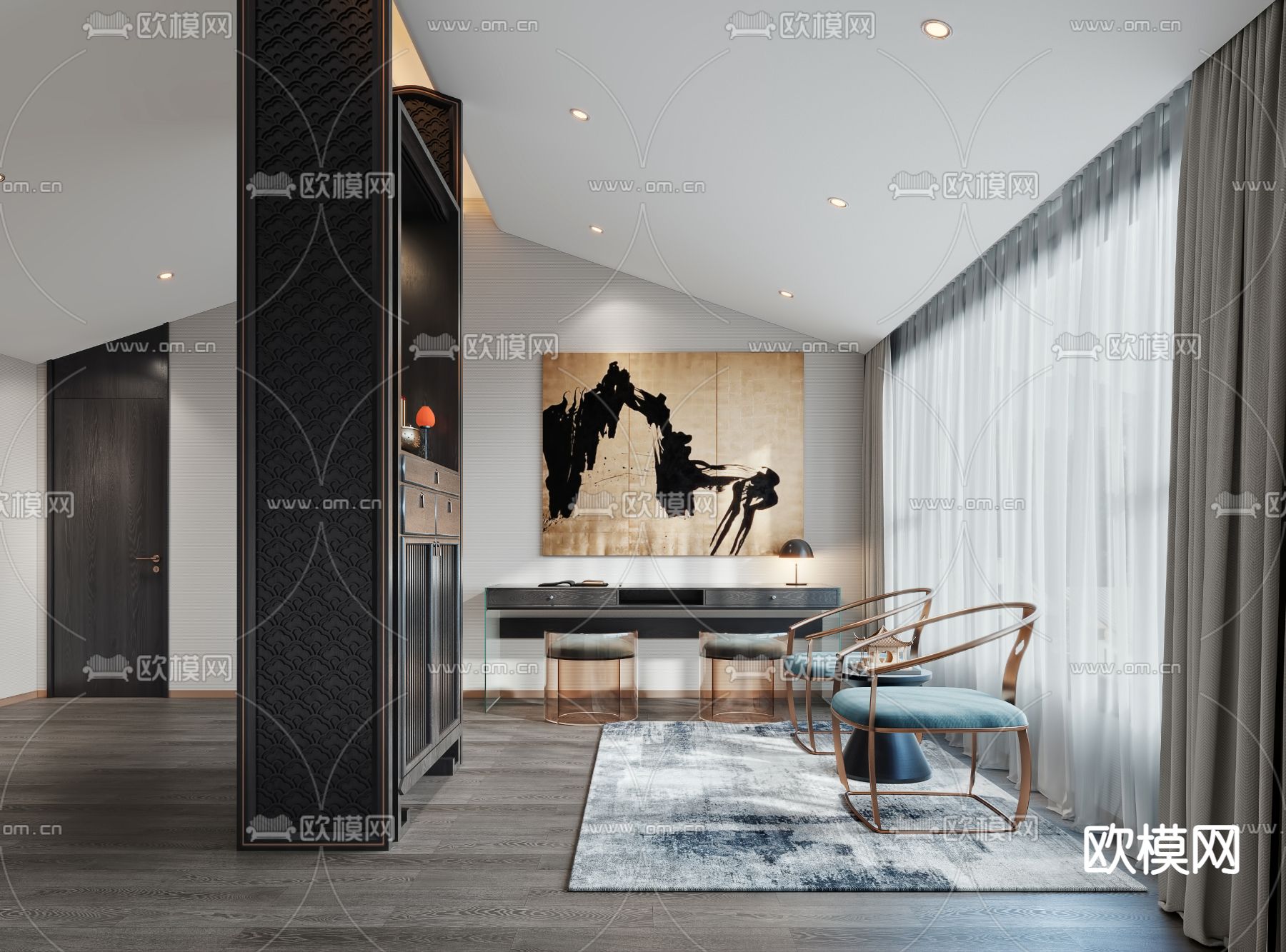 新中式佛堂 祠堂 休息区3d模型下载（渲染图1）