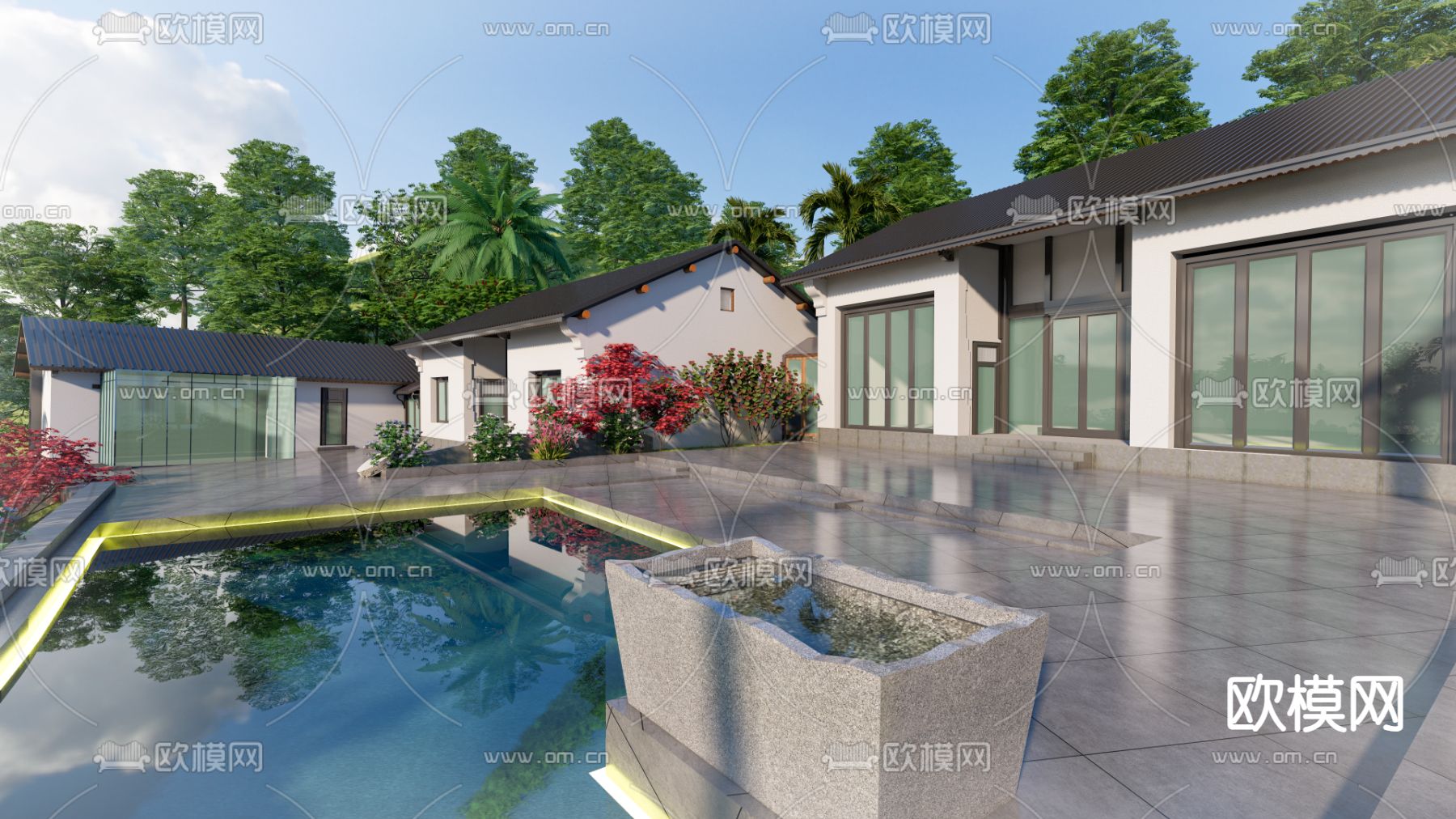 新中式乡村民房su模型下载（渲染图1）