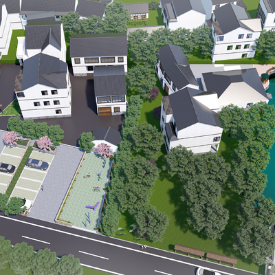  新中式乡村鸟瞰su模型 