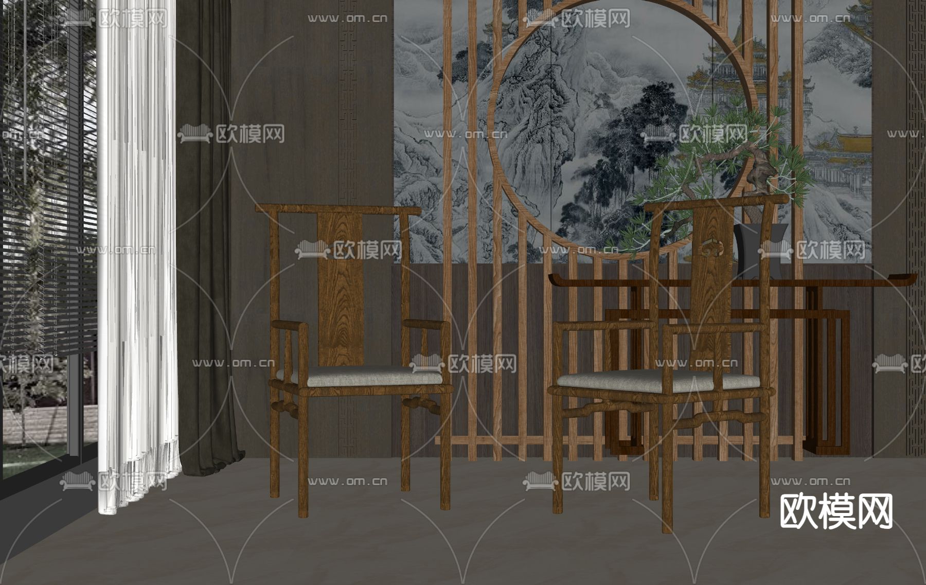新中式休闲椅su模型下载（渲染图2）