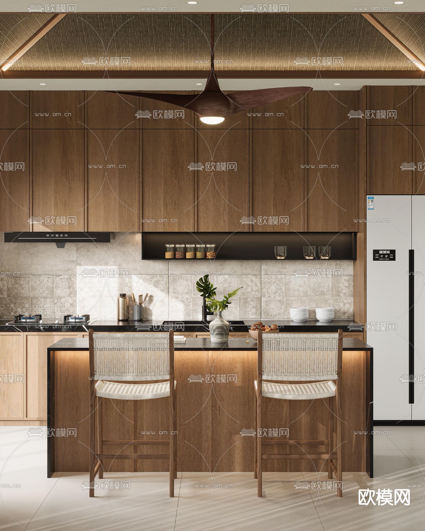 开放式厨房 中岛橱柜3d模型下载（渲染图1）