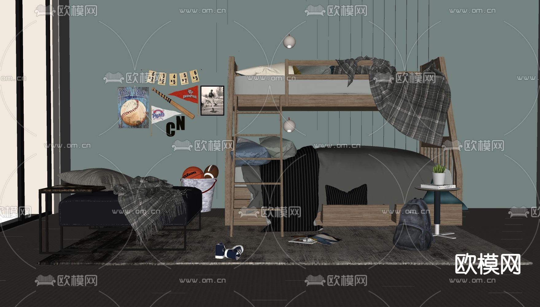 现代儿童房 上下床su模型下载（渲染图2）