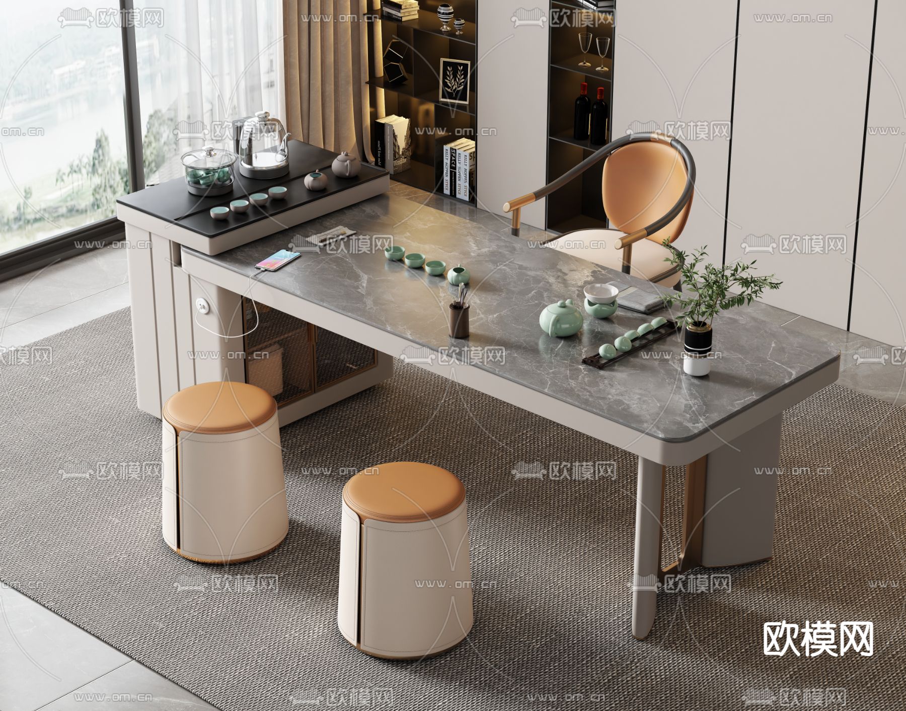岩板茶桌 茶台3d模型下载（渲染图1）
