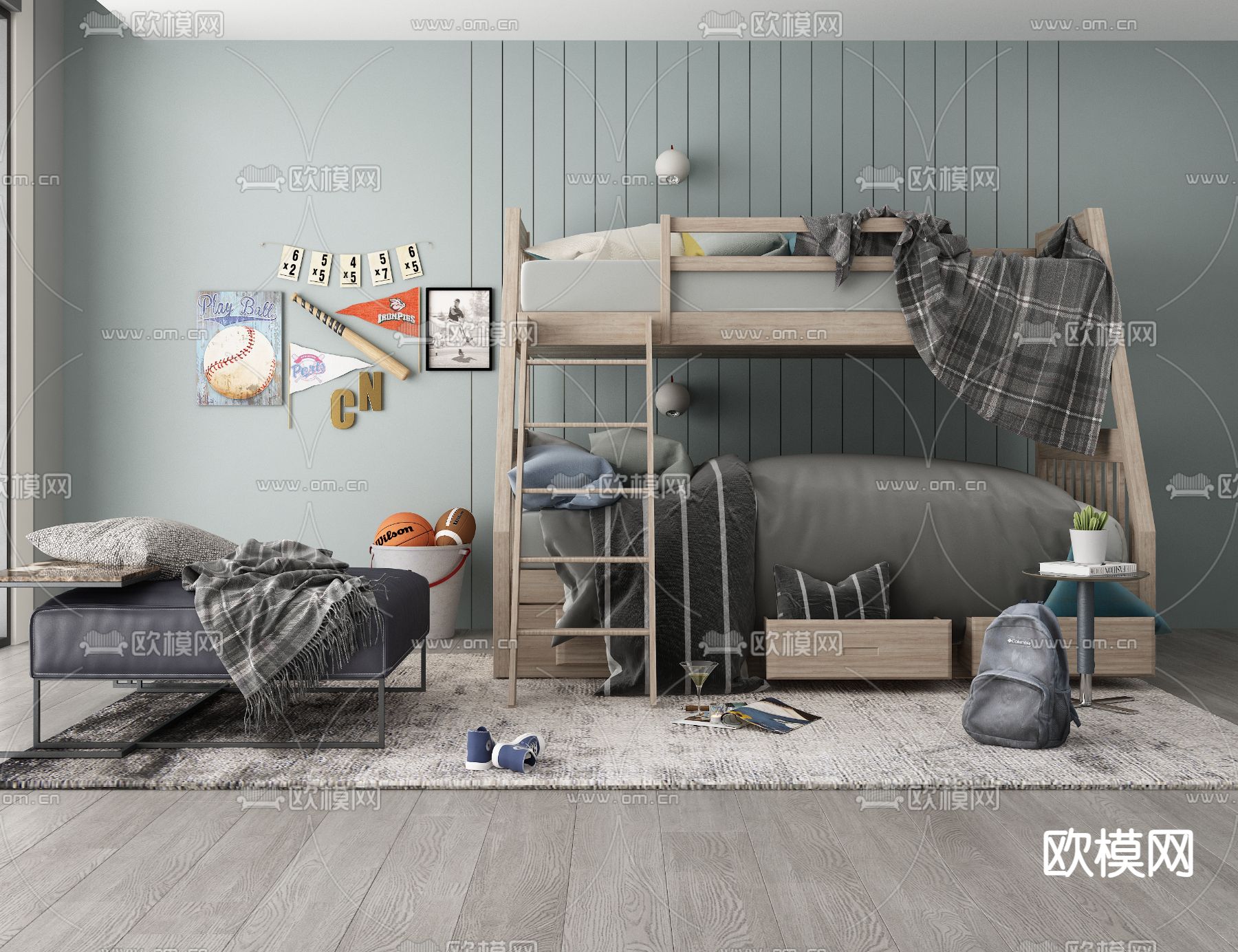 现代儿童房 上下床su模型下载（渲染图1）